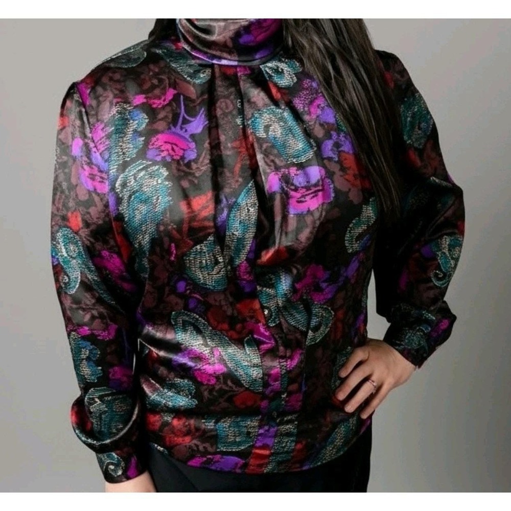 Vintage 80s‎ 90s Blouse Jewel Tones Abstract Print Silky 12 EUC Hong Kong Tess